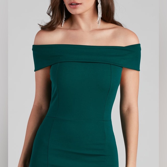 Windsor green dress, off the shoulder floor length high split maxi wedding prom - Picture 2 of 11